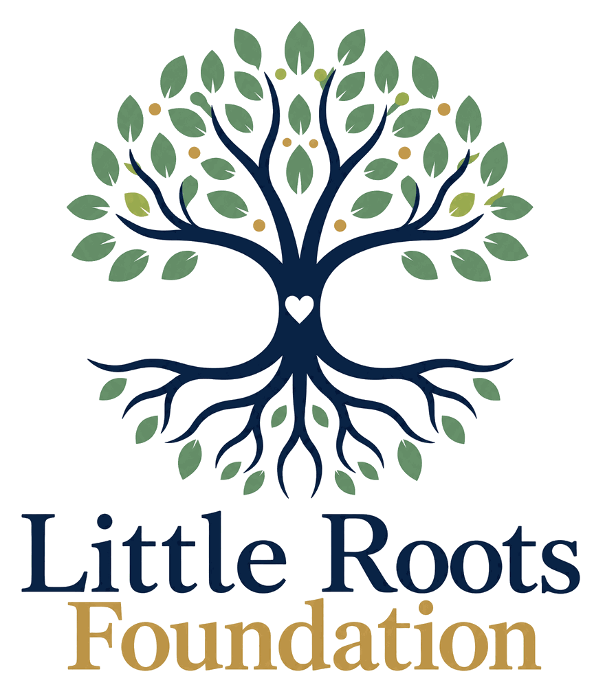 Little Roots Foundation logo: a tree of life whose roots mirror its branches, with a small heart at the center of the trunk